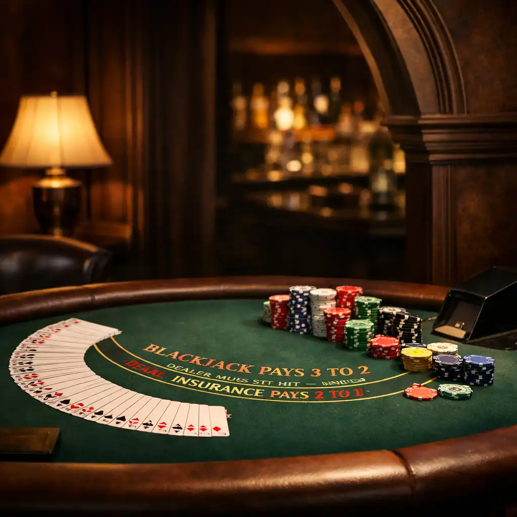Stół do blackjacka z kartami ułożonymi w wachlarz i żetonami