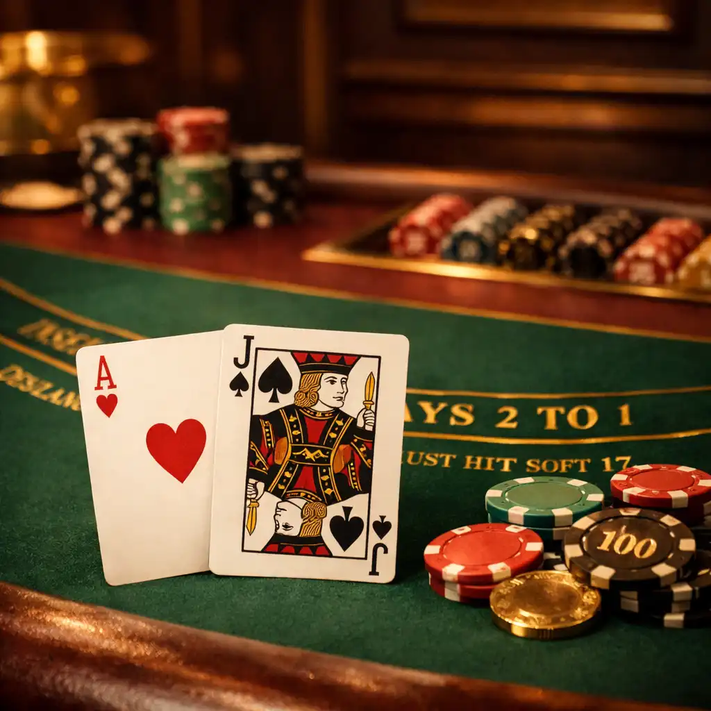 Stół do blackjacka z kartami i żetonami