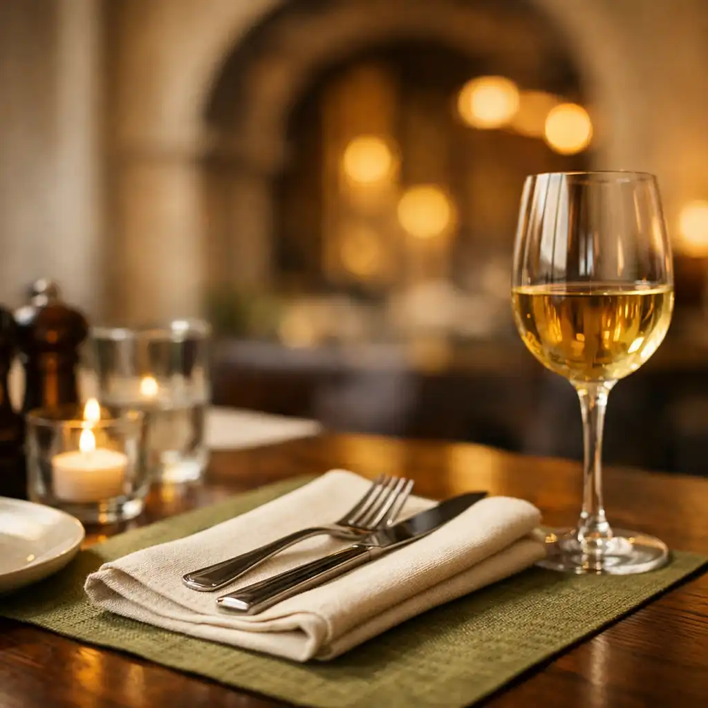 Detal wnętrza Taste Parlor z nakryciem stołu i kieliszkiem wina