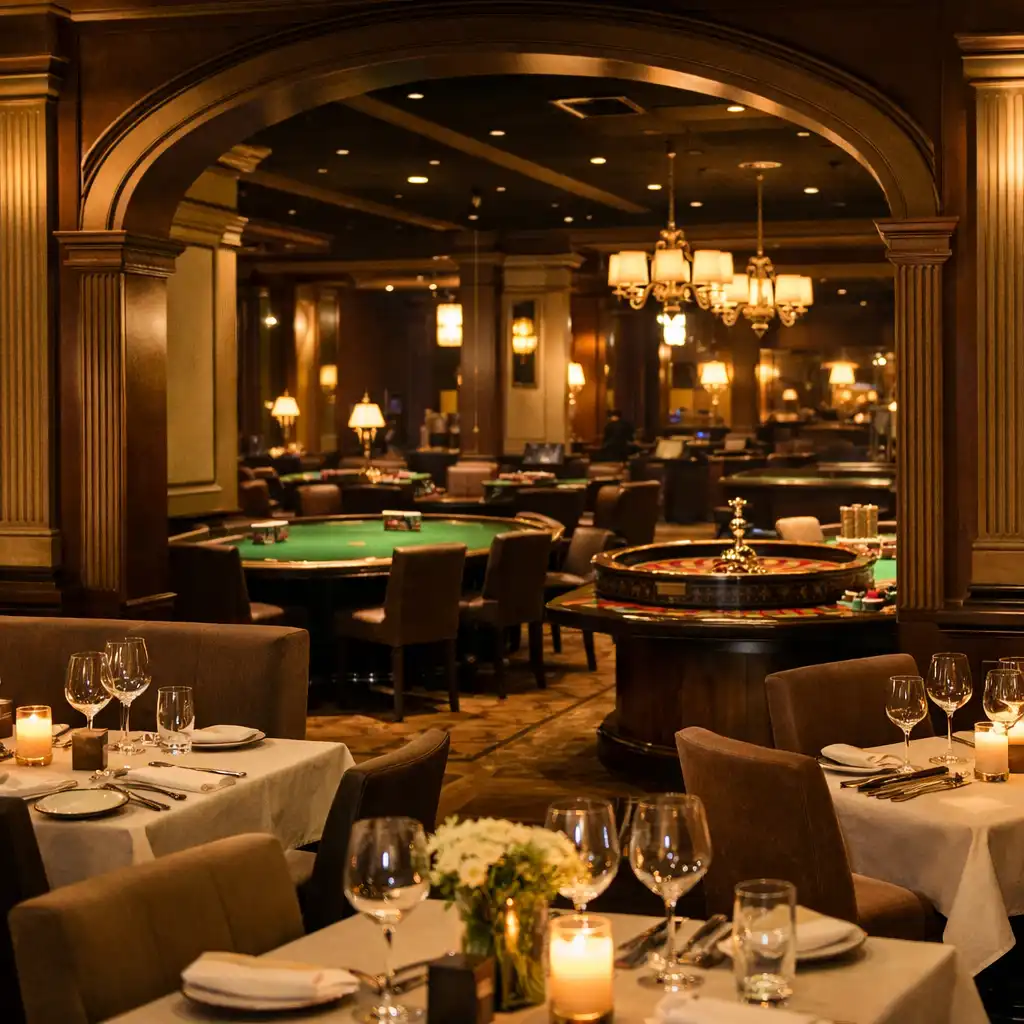 Wnętrze eleganckiej restauracji z widokiem na stacjonarną strefę gier ze stołami do pokera i ruletki