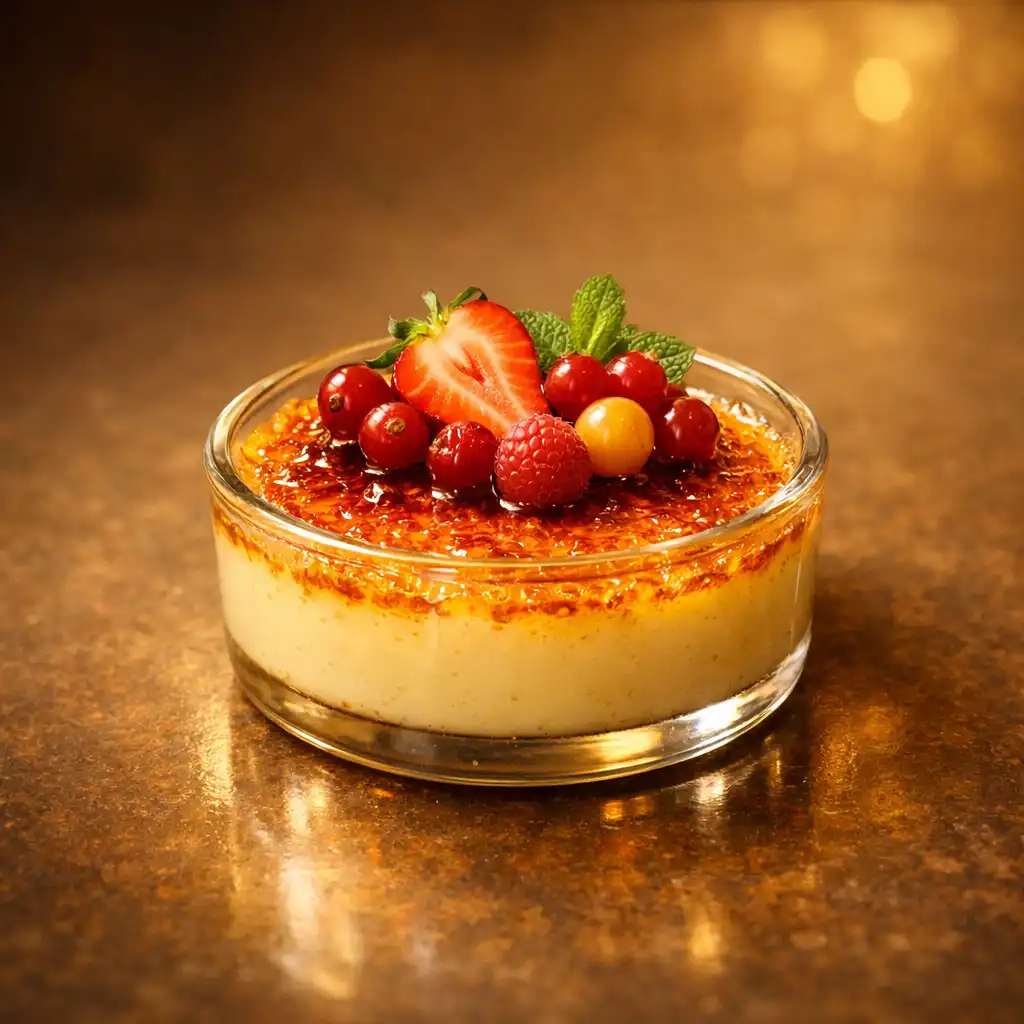 Krem brulee z karmelem i owocami w szklanym naczyniu