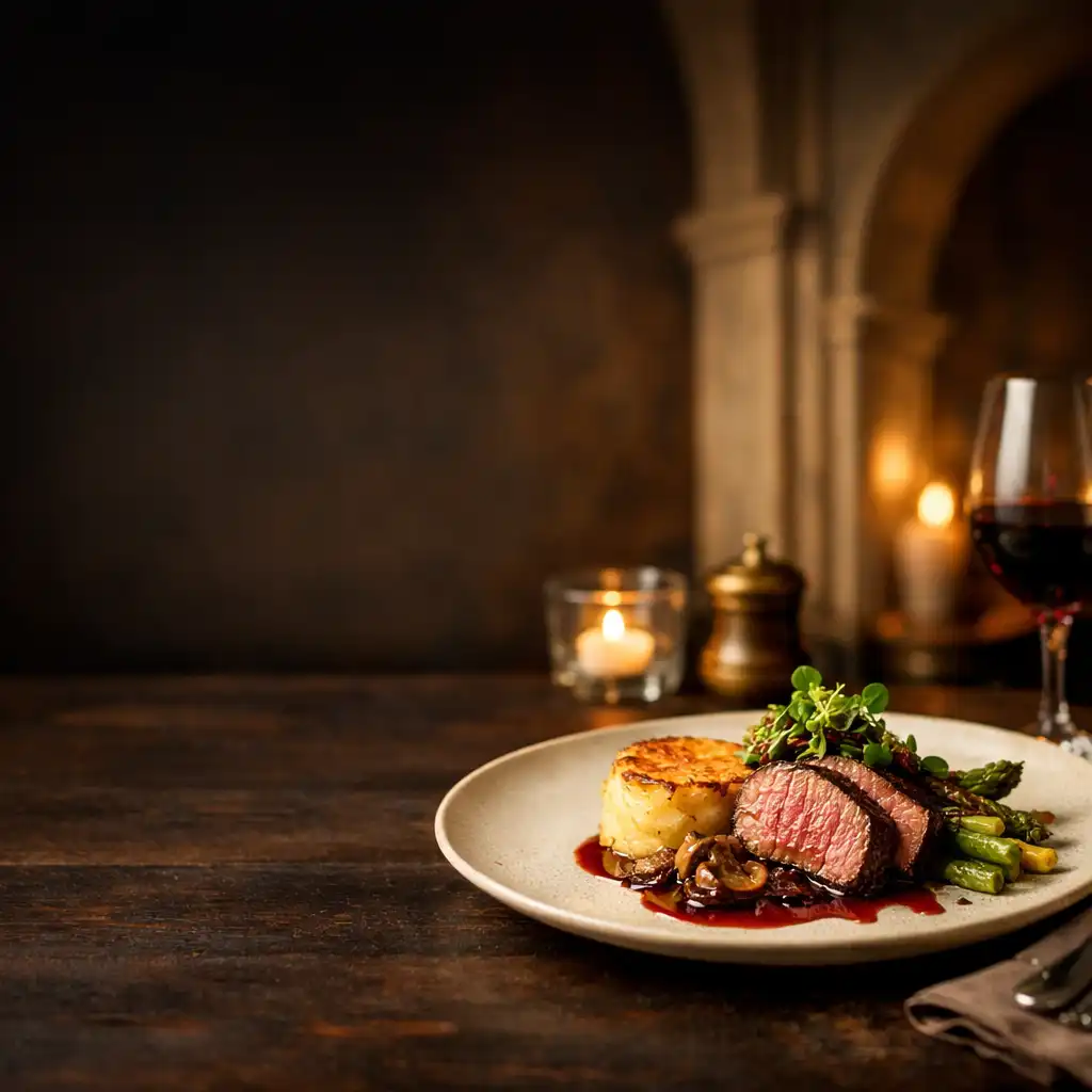 Eleganckie danie główne na ciemnym stole w restauracji Taste Parlor, z ciepłym oświetleniem i architektoniczną ramą w tle