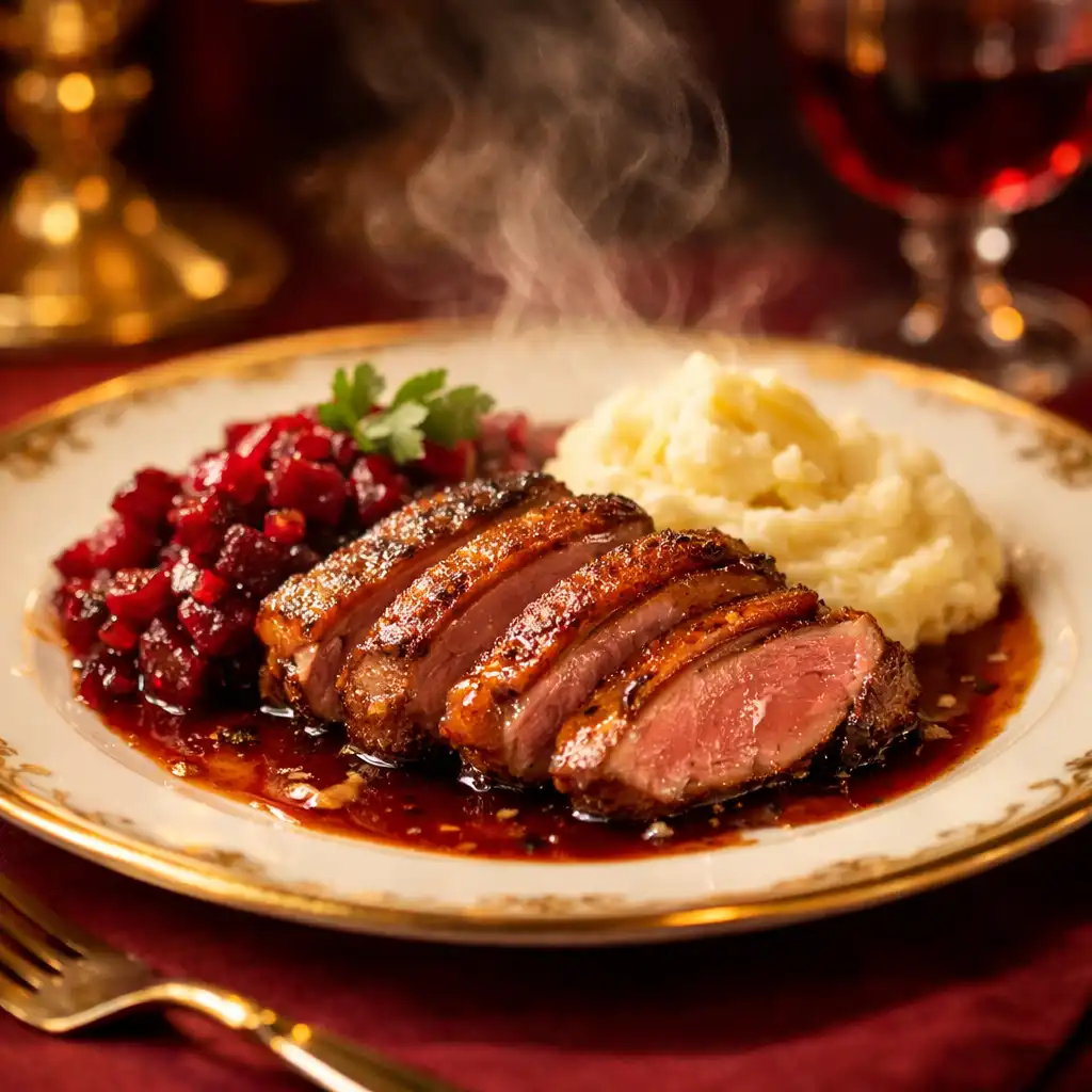 Kaczka z buraczkami i puree na eleganckim talerzu