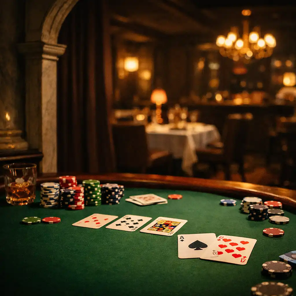 Stół pokerowy z kartami i żetonami w eleganckiej restauracji Taste Parlor