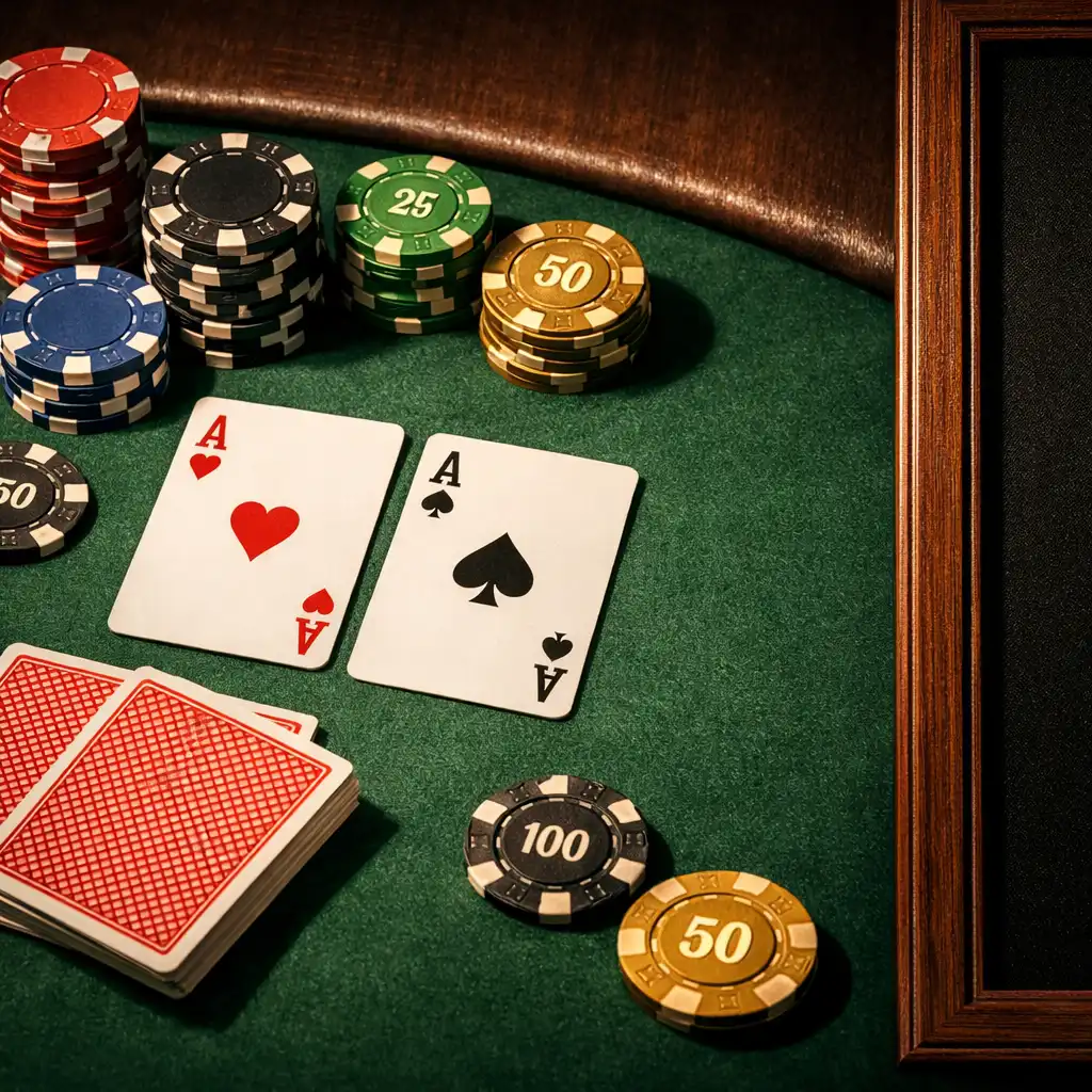 Zbliżenie na stół pokerowy z kartami i żetonami w Taste Parlor