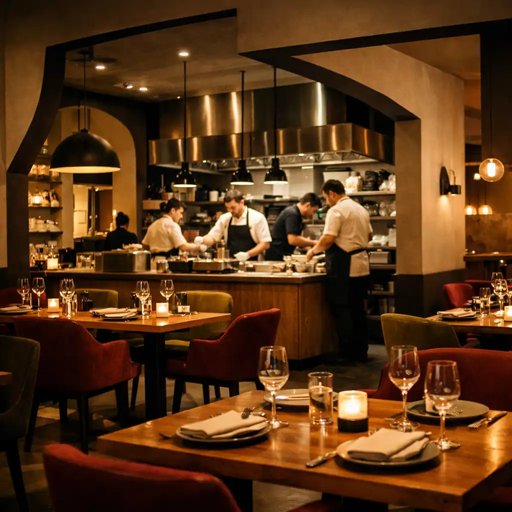 Wnętrze restauracji Taste Parlor z otwartą kuchnią i elegancką salą