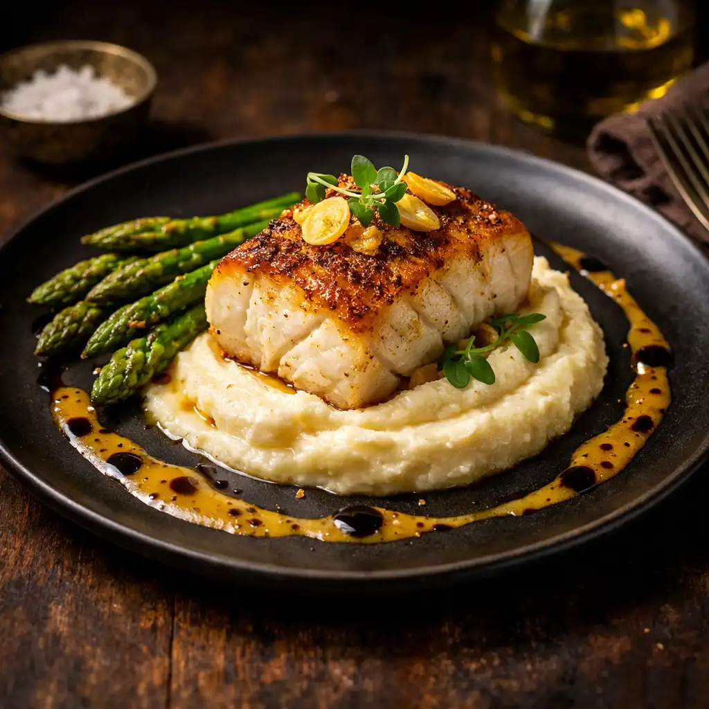 Pieczony filet z dorsza z puree z kalafiora i szparagami