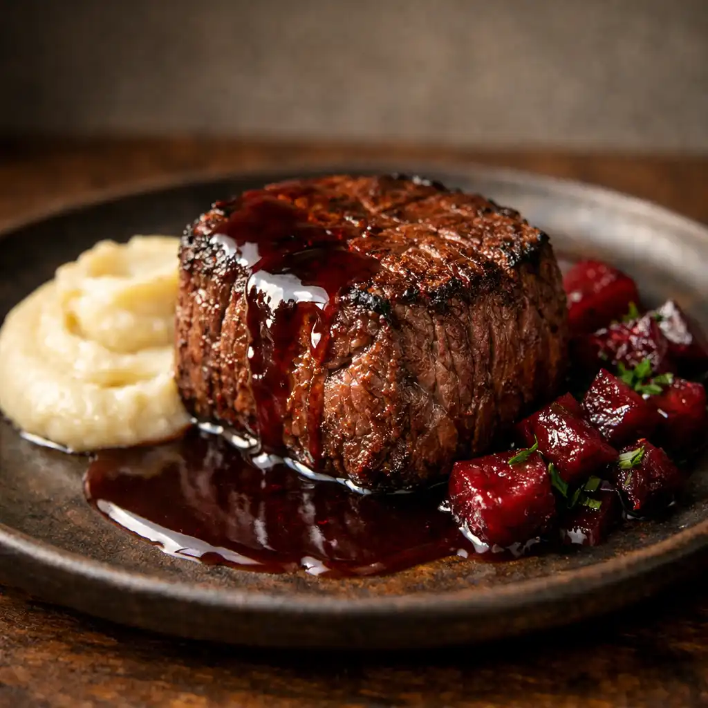 Polędwica wołowa sous-vide z puree z selera, glazurowanymi buraczkami i sosem z czerwonego wina