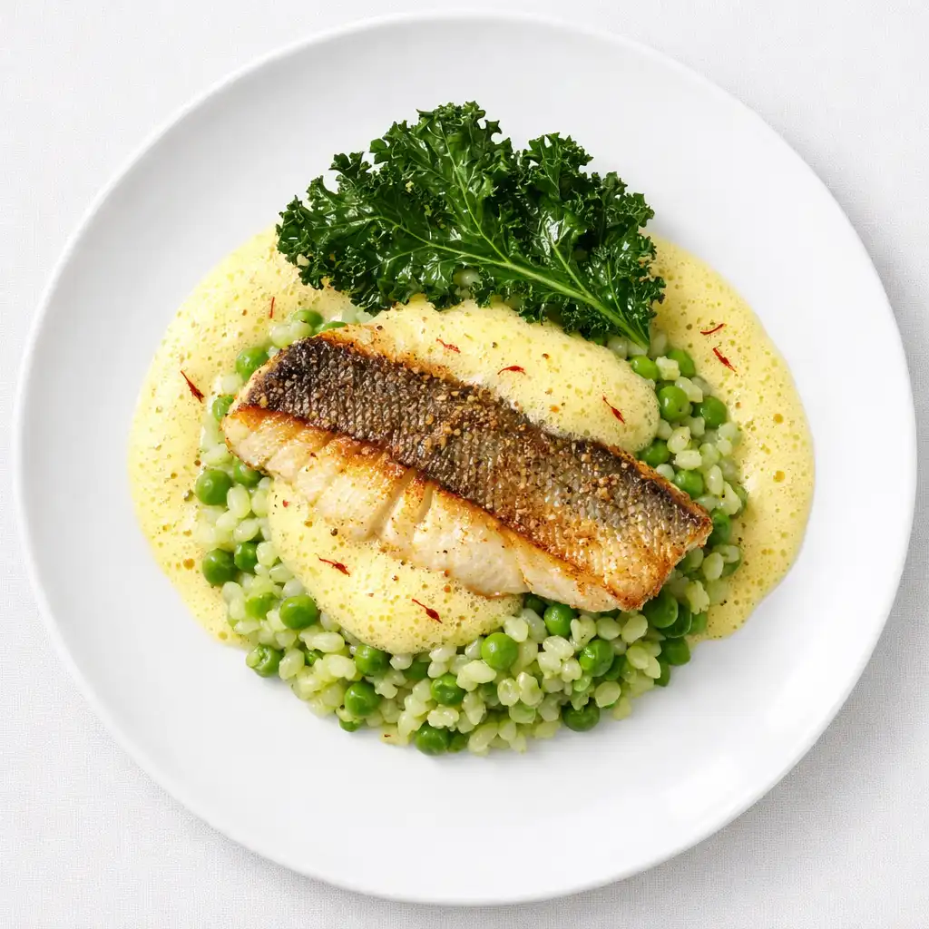 Pieczony filet z sandacza na risotto z zielonego groszku z pianką szafranową i chipsem z jarmużu