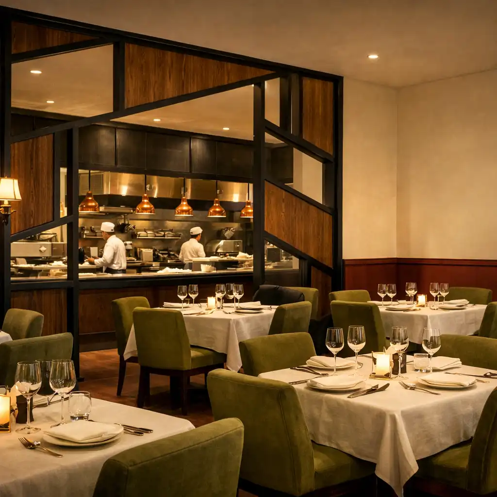 Elegancka sala restauracji Taste Parlor z otwartą kuchnią i asymetrycznymi ramami architektonicznymi w ciepłym wieczornym świetle